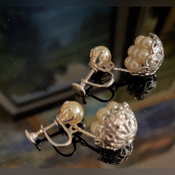 3 for $30 Vintage Silver Tone Filigree Basket Earrings with Faux Pearls - Picture 5 of 9